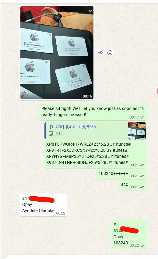 Verified Apple gift card trade proof showing instant OPay payment
